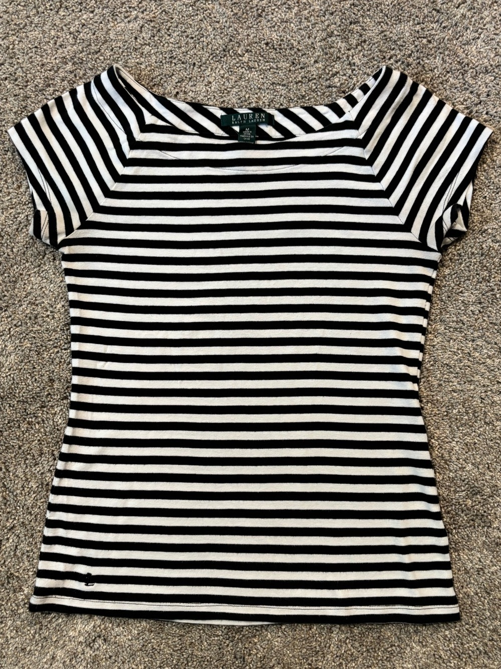 Lauren Ralph Lauren Women’s Black White Striped Boat Neck Blouse 100% Cotton M